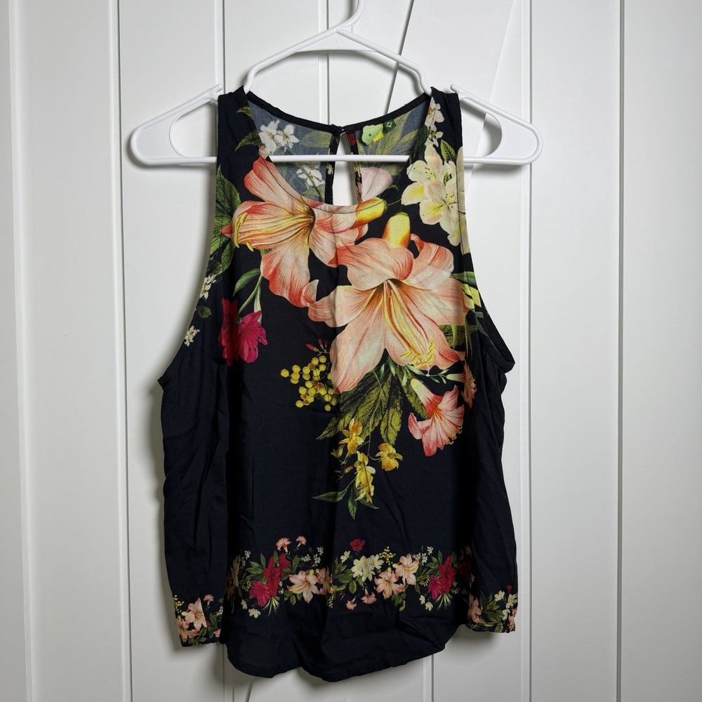 Farm Rio Floral Sleeveless Top Size Small Black Whimsigoth Dark Cottagecore Boho